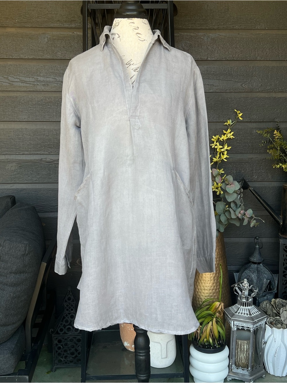 Dolma Lagenlook Linen Tunic Top Grey L